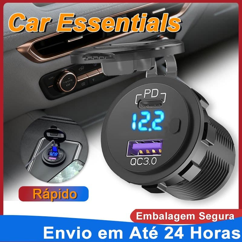 Tomada Carregador Veicular USB Tipo  3.0 45W | Voltímetro LED Azul/Vermelho | Carregamento Rápido 12V-24V