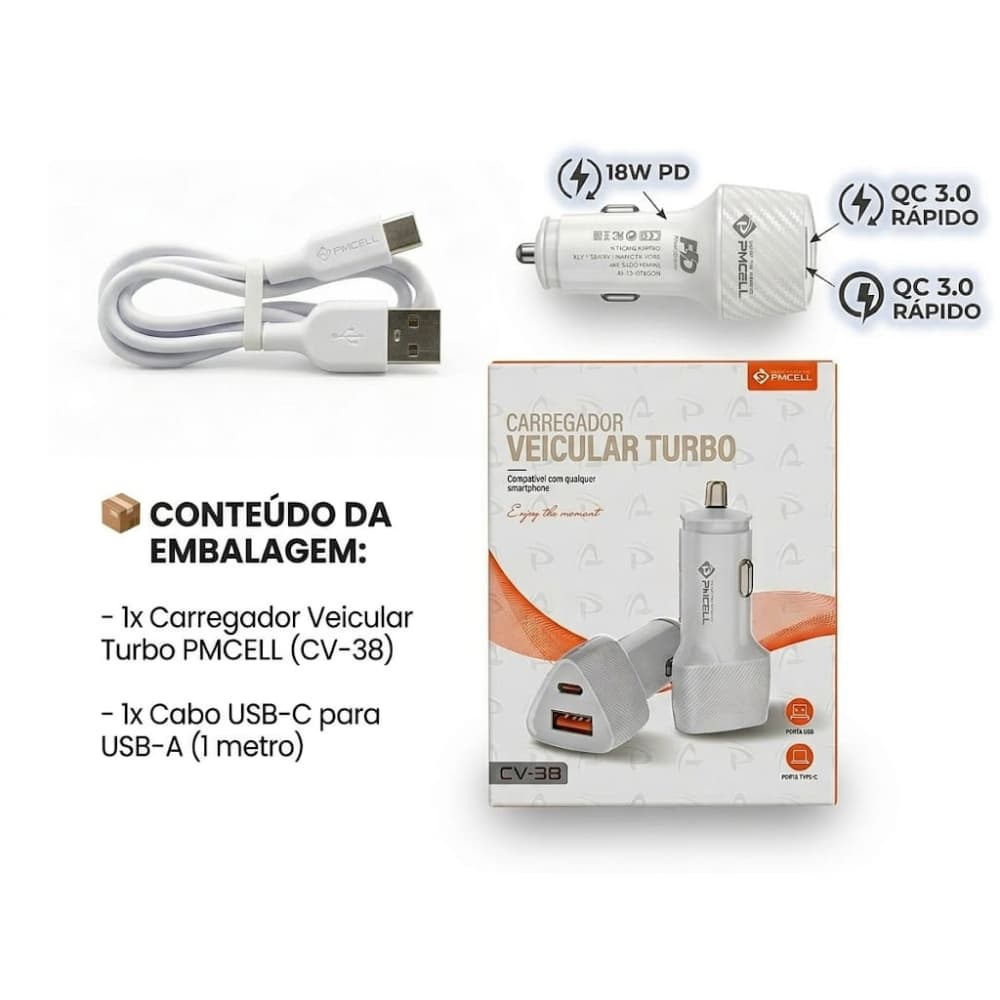Carregador Veicular Turbo PMCELL CV-38 PD 18W + QC 3.0 Duas Entradas USB e Tipo-C com Cabo Incluso Original