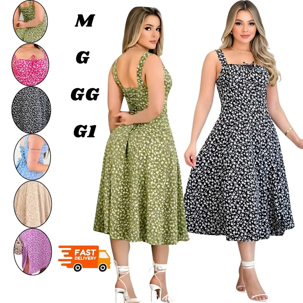 Vestido Feminino Mídi Flora Romântico Elegante Com Caimento Perfeito Confortável