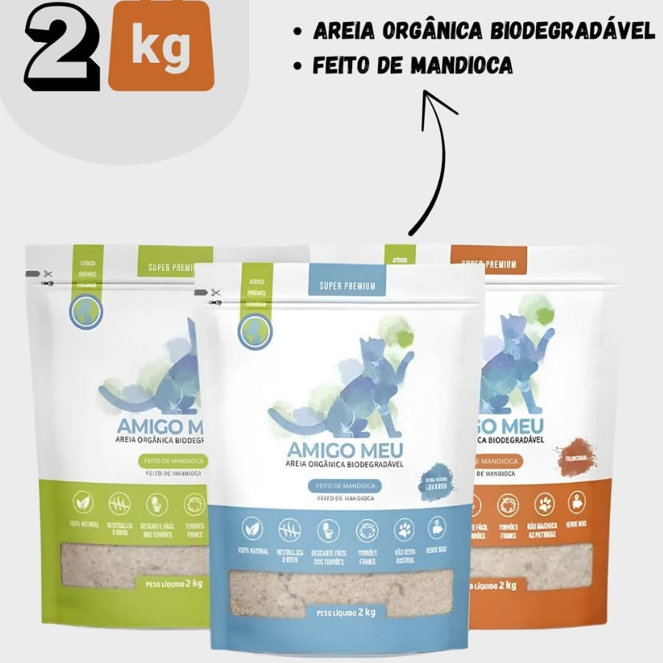 Areia Sanitária de Mandioca Biodegradável Premium 2kg para Gatos - Amigo Meu