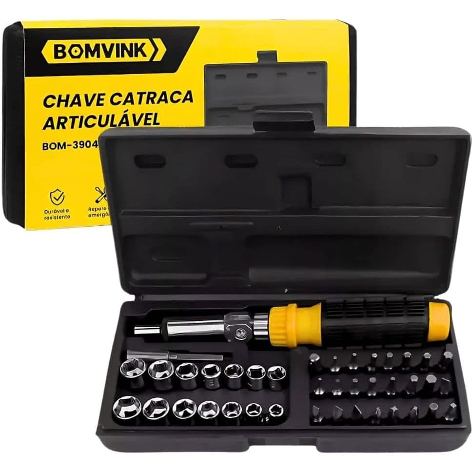 Kit de Ferramentas e Chave Articulada Com Catraca 40 Peças - Conjunto Profissional Caixa Jogo Completo Para Mecânicos