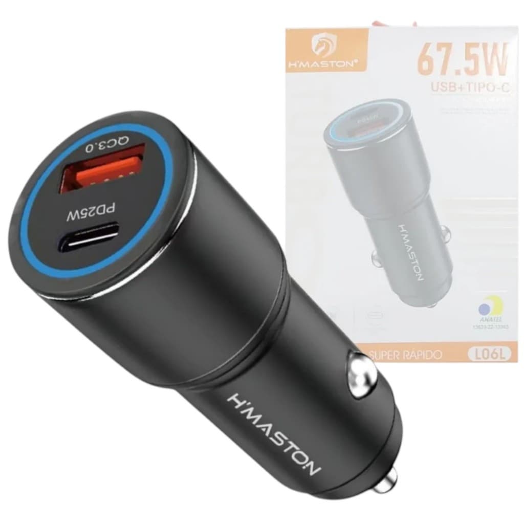 H'MASTON - CARREGADOR VEICULAR 67.5W 2 ENTRADAS, SENDO USB + TIPO C