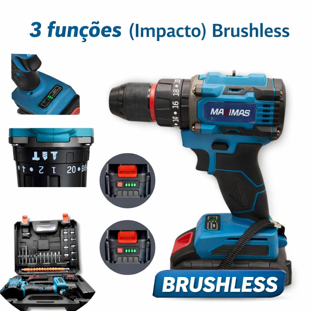 Parafusadeira Furadeira de Impacto Brushless 21V 3 Funções, 2 Baterias com Display, Luz LED e Maleta