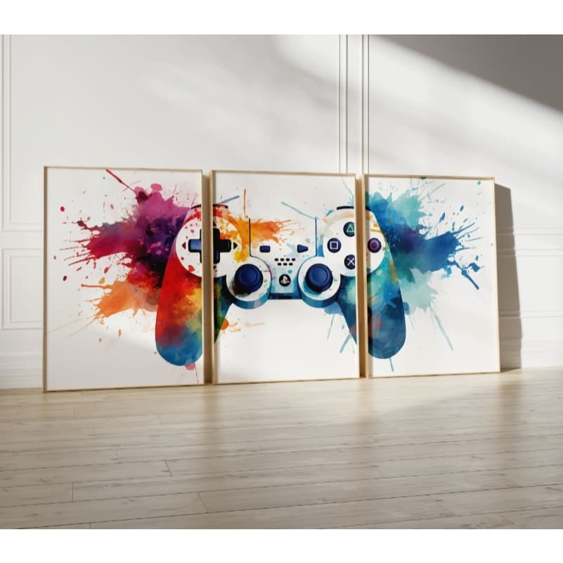 Quadro gamer videogame controle manete lindo grande 3 peças quarto sala