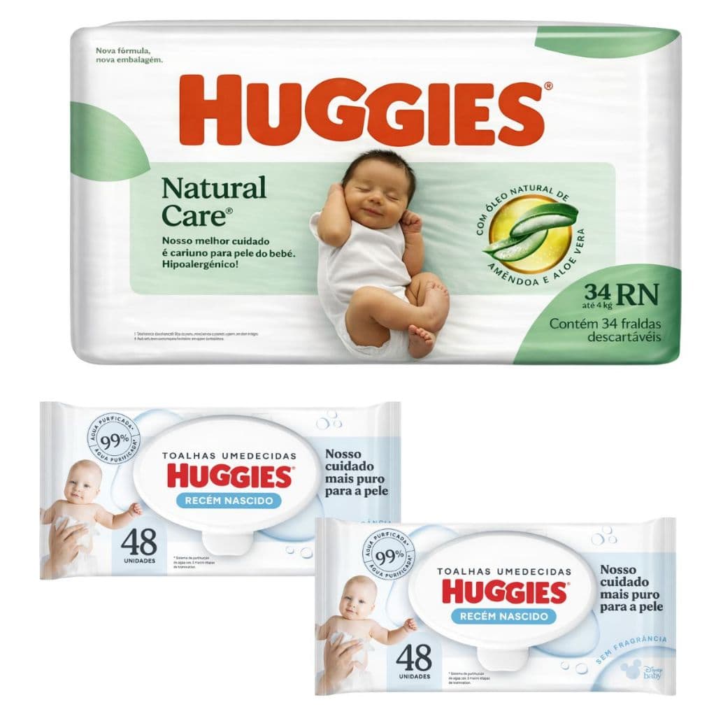 Kit Fralda 34un + 2 Lenços Umedecidos Huggies 96un - Rn