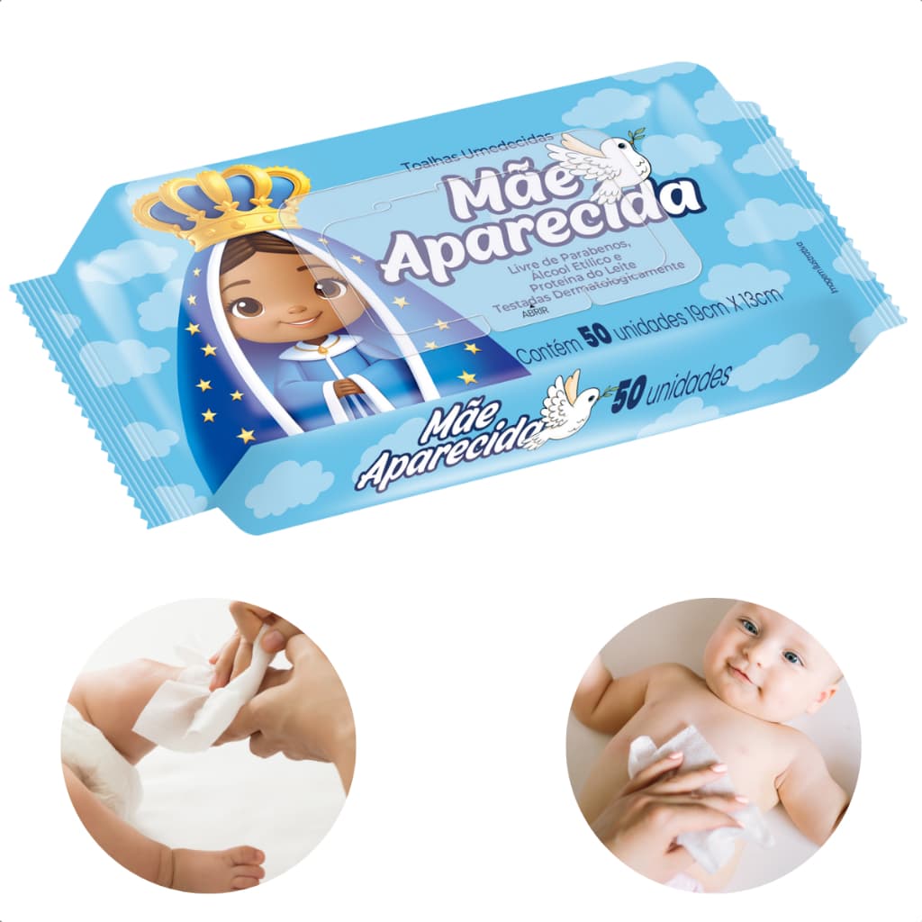 Kit 10 lenço umedecido bebê Toalhas Umedecidas Mãe Aparecida 500 Folhas com Tampa 50x50