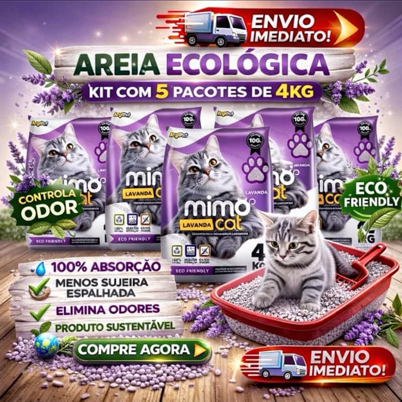 Kit 5 Areia Sanitária Higiênica Argila Natural para Gatos Grãos Médios Lavanda 20 kg Mimo Cat