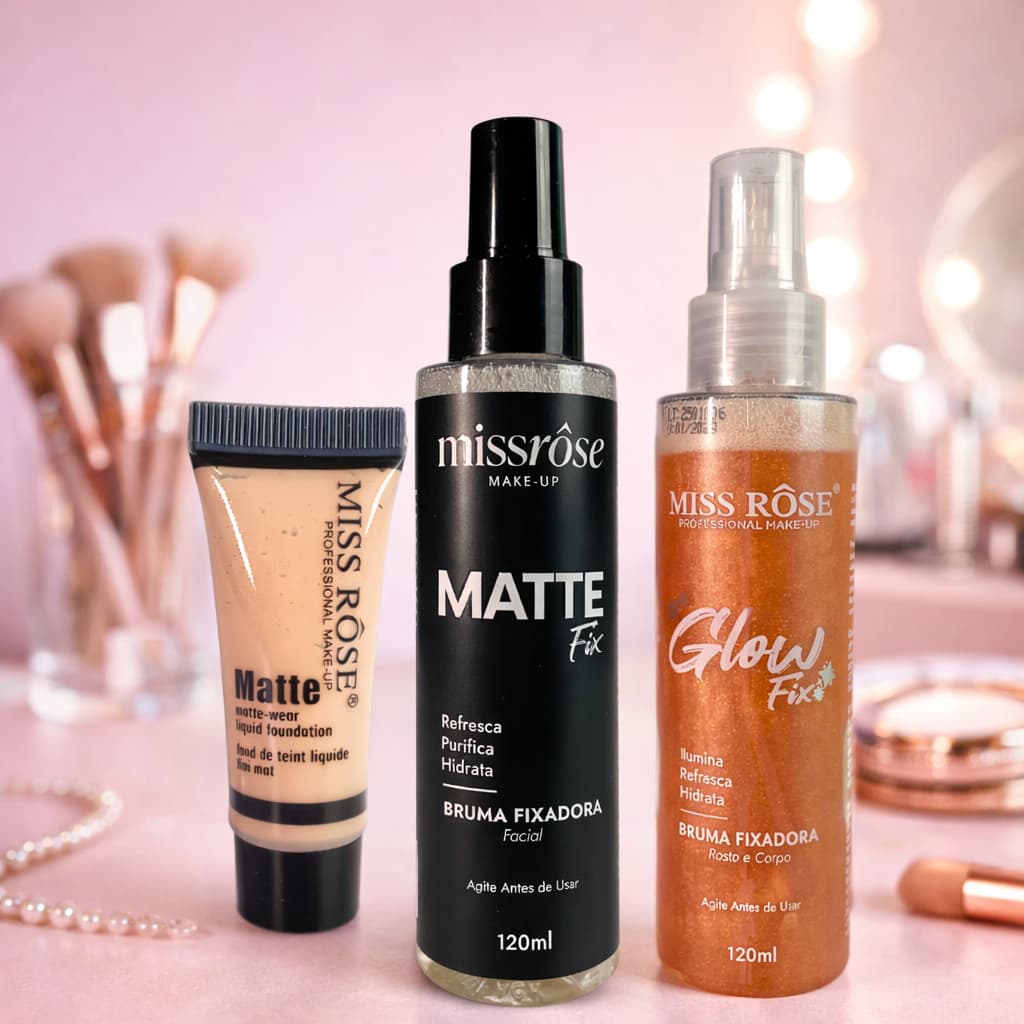 KIT Maquiagem Miss Rose com Base Liquida e Bruma Fix Glow para Pele Perfeita e Duradoura