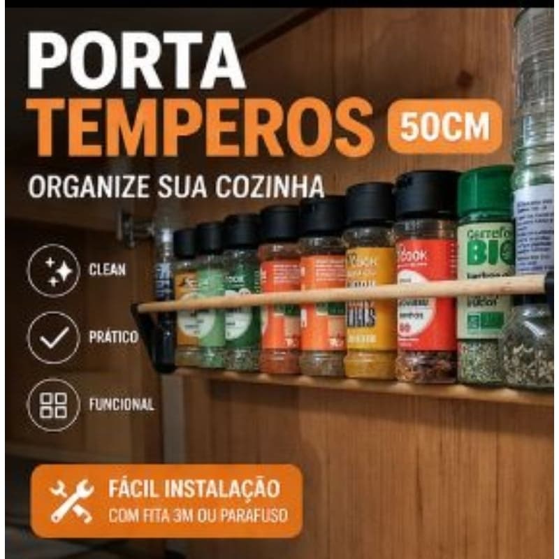 Porta Temperos 50cm Organizador de Cozinha Parede ou Armário com Fita 3M ou Parafuso Suporte Multiuso