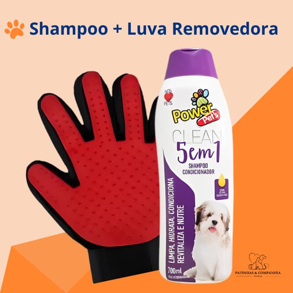 Kit Shampoo 2 em 1 700ml Power Pets + Luva Removedora de Pelos Nano Magnética para Cães e Gatos
