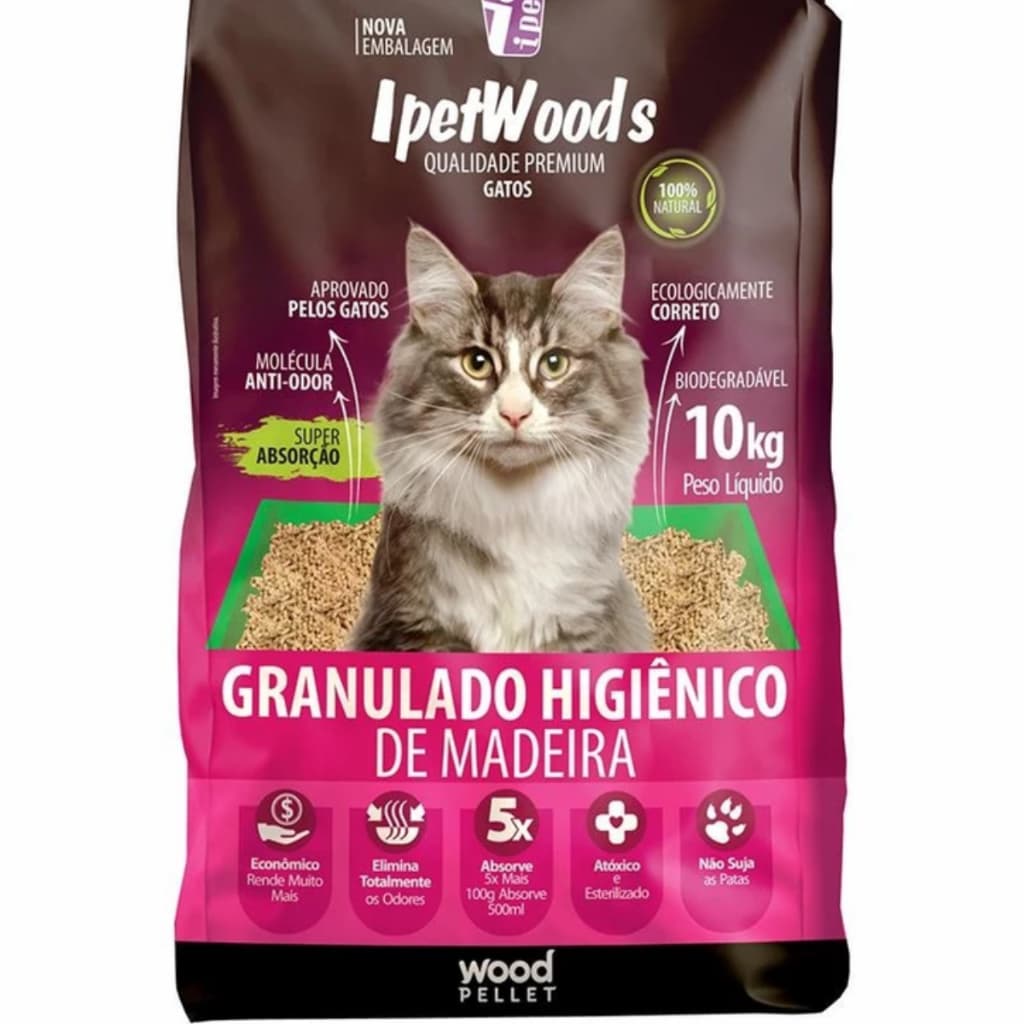 Areia Sanitária para Gatos Ipet Woods 10kg - Biodegradável, Absorve Umidade e Fragrância Neutra