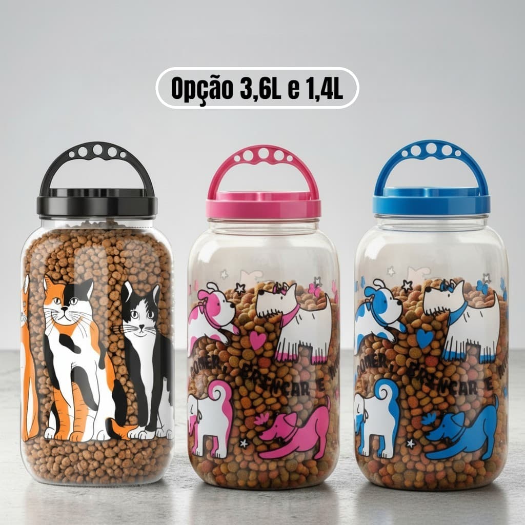 Pote Armazenador Porta Ração Cachorro Gato Tampa e Alça 3,6L 1,4L Container Recipiente