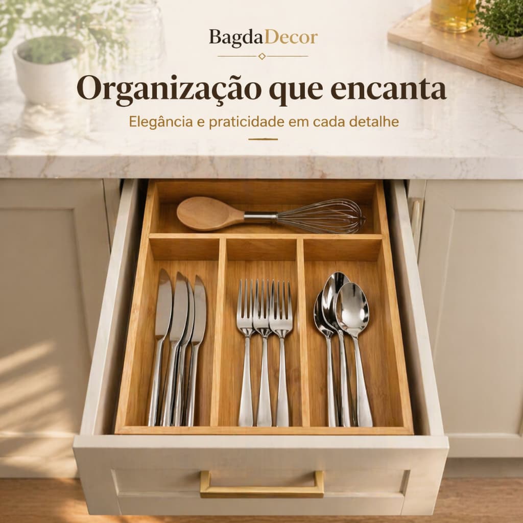 Organizador de Gaveta em Bambu Porta Talheres Multiuso Antibacteriano para Cozinha Premium