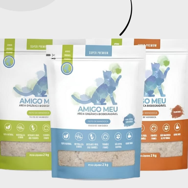 Areia Sanitária para Gatos Super Premium De Mandioca Biodegradável  2kg e 4kg - Amigo Meu