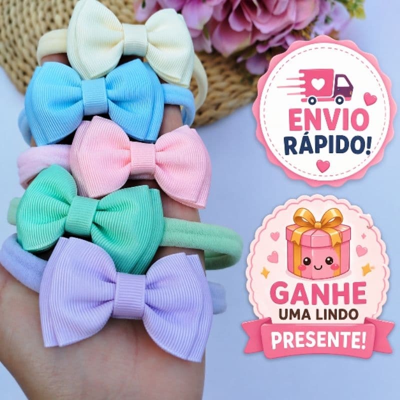 kit 5 Laços RN Faixinha Bebê Confortável Não Aperta Laços Coloridos Enxoval Bebê Menina