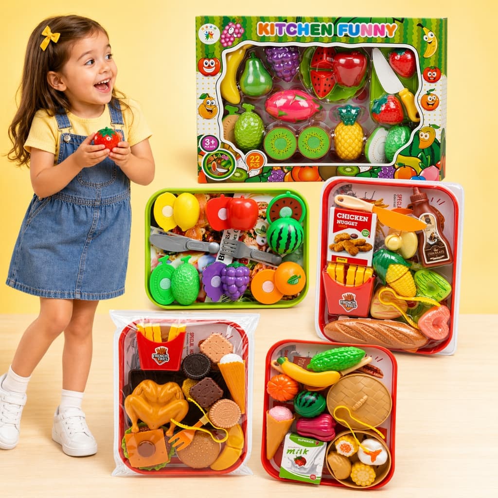 Kit Comidinha Infantil Brinquedo Educativo Faz de Conta Cozinha Frutas Velcro Cortar Fast Food