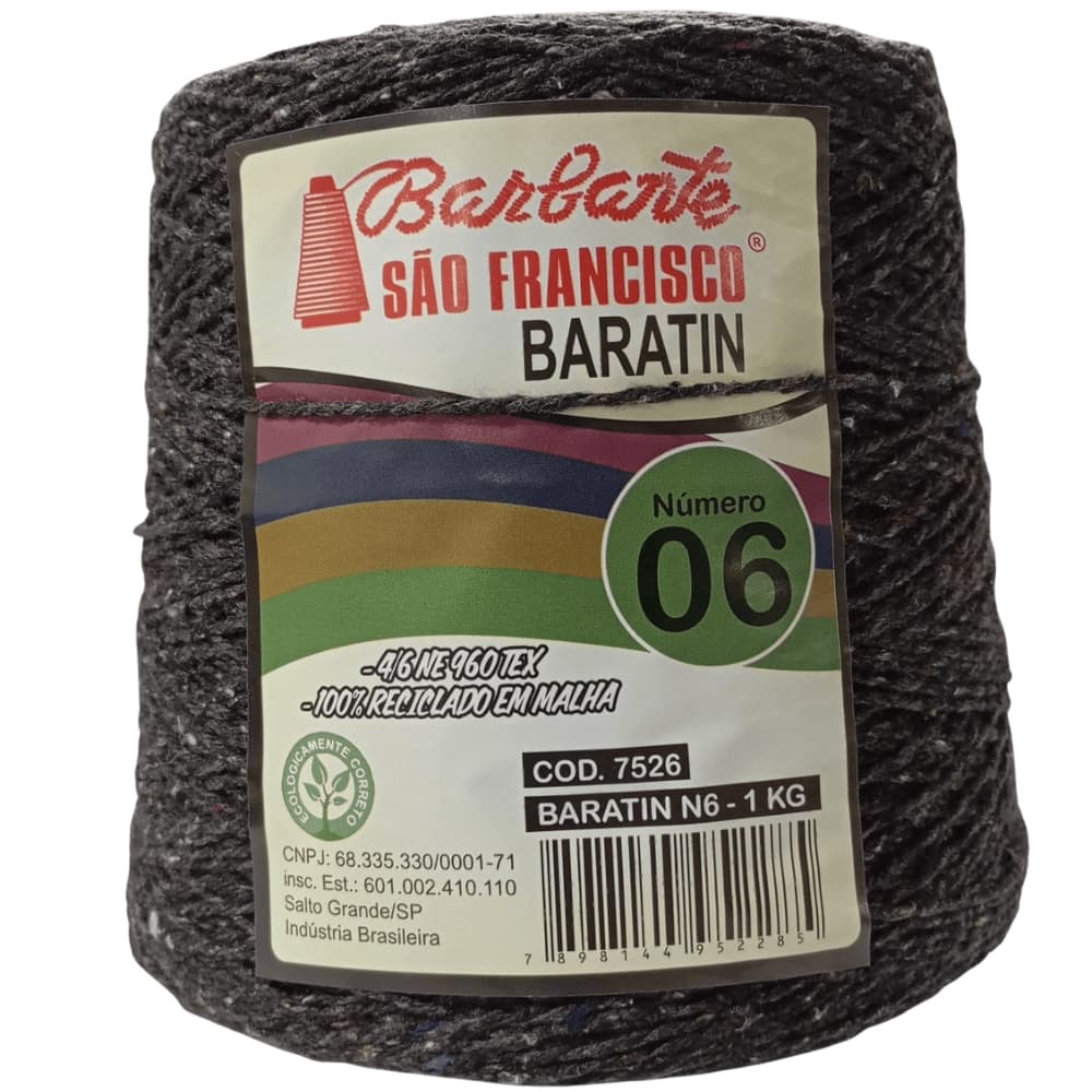 Barbante BARATIN nº06 1kg . Cinza Escuro - Algodão reciclado. Linha Para Crochê. Tapete Crochê.