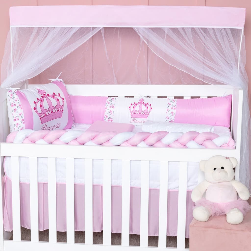 Kit Berço Completo Luxo Menina com Mosquiteiro | Protetor Trança + Cabeceira | Enxoval Bebê Rosa Floral