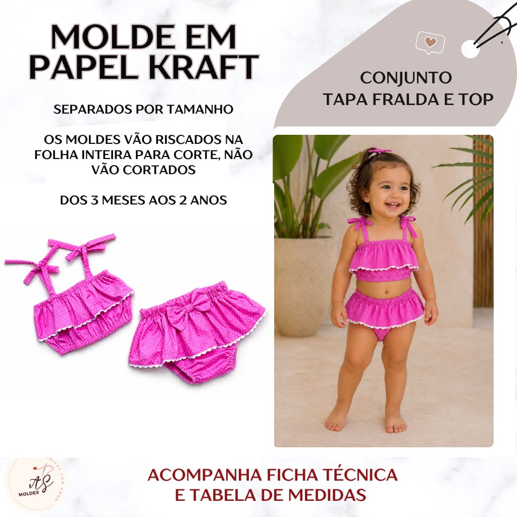 Molde em Papel Kraft para Costura Conjunto Calcinha Tapa Fralda e Top Separados por Tamanho para recorte