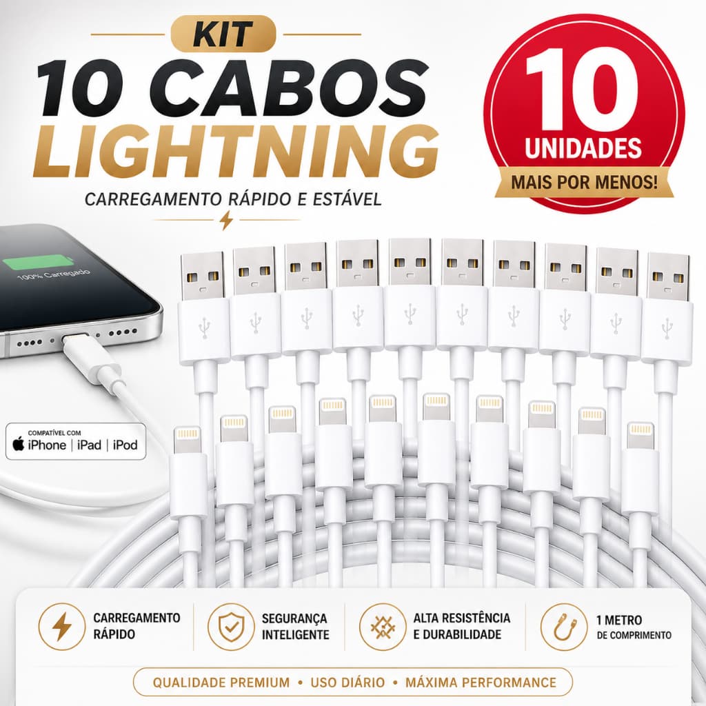 Kit 10 Cabo iPhone Lightning Turbo Carregamento Rápido IOS Compatível iPhone 7 8 11 12 XS XR 13 14 Pro Max