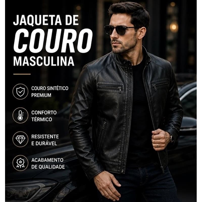 Jaqueta de Couro Masculina Slim Fit Preta Premium Com Zíper Estilo Moto Impermeável Inverno Frio