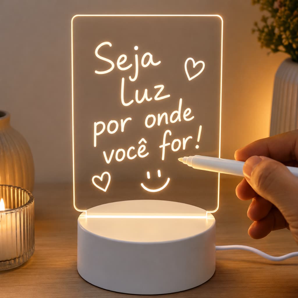 Luminária LED Lousa Acrílica Recados Mensagens Caneta Solena Vista Quarto Mesa Decoração Presente