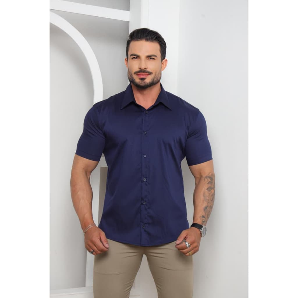Camisa Social Masculina Manga Curta Slim Fit Tecido Tecnológico Leve Não Amassa Ante Odor