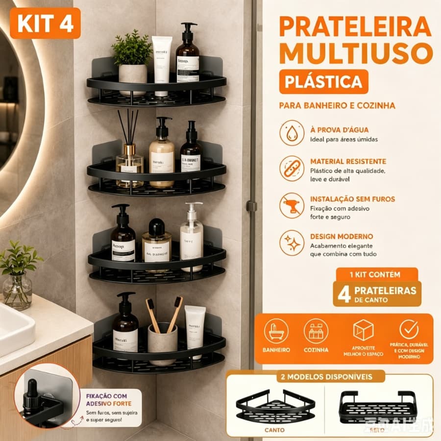 Kit 4  Prateleiras Suporte De Parede para Banheiro em ABS Porta Shampoo