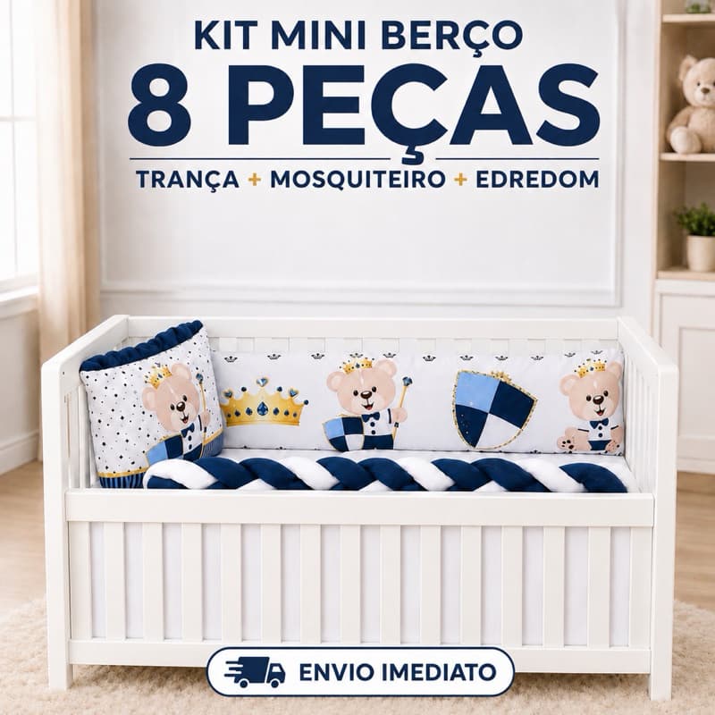Kit De Berço Mini 08 Peças com Trança Mosquiteiro e Edredom Enxoval Bebê Estampa Variadas