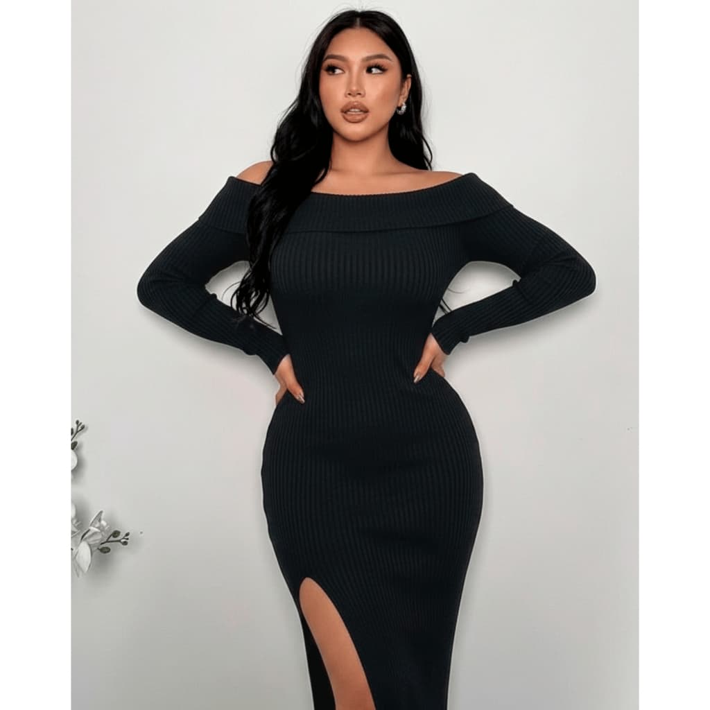 Vestido Longo Feminino Vestido Plus Size Canelado Elegante Ombro a Ombro Vestido Inverno com Fenda
