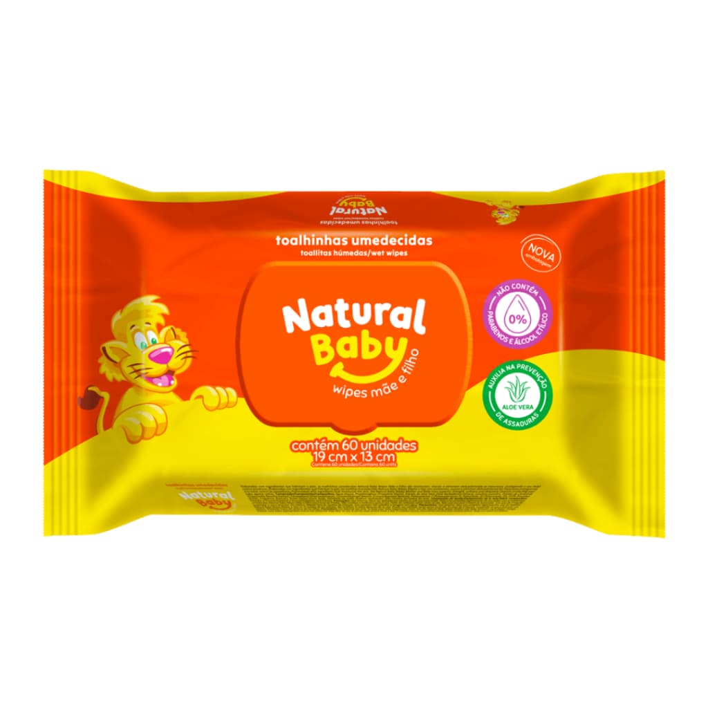 Toalha Umedecida Natural Baby 60 Unidades Sem Álcool com Aloe Vera Premium Bebê