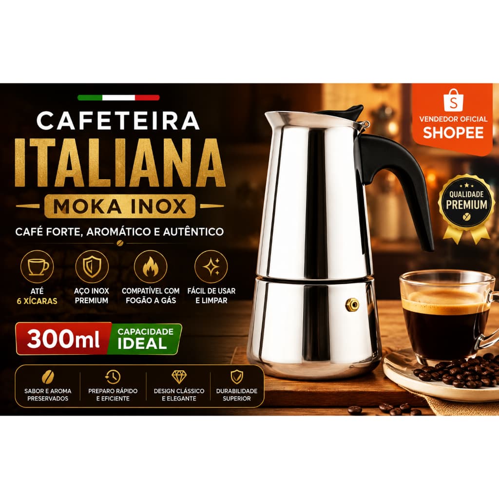 Cafeteira Italiana Inox 300 ml Expresso Café Forte  Aromático Compatível  Fogão de Indução