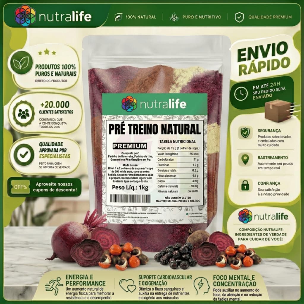 Pré Treino Natural em Pó Gengibre Uva Beterraba Guaraná