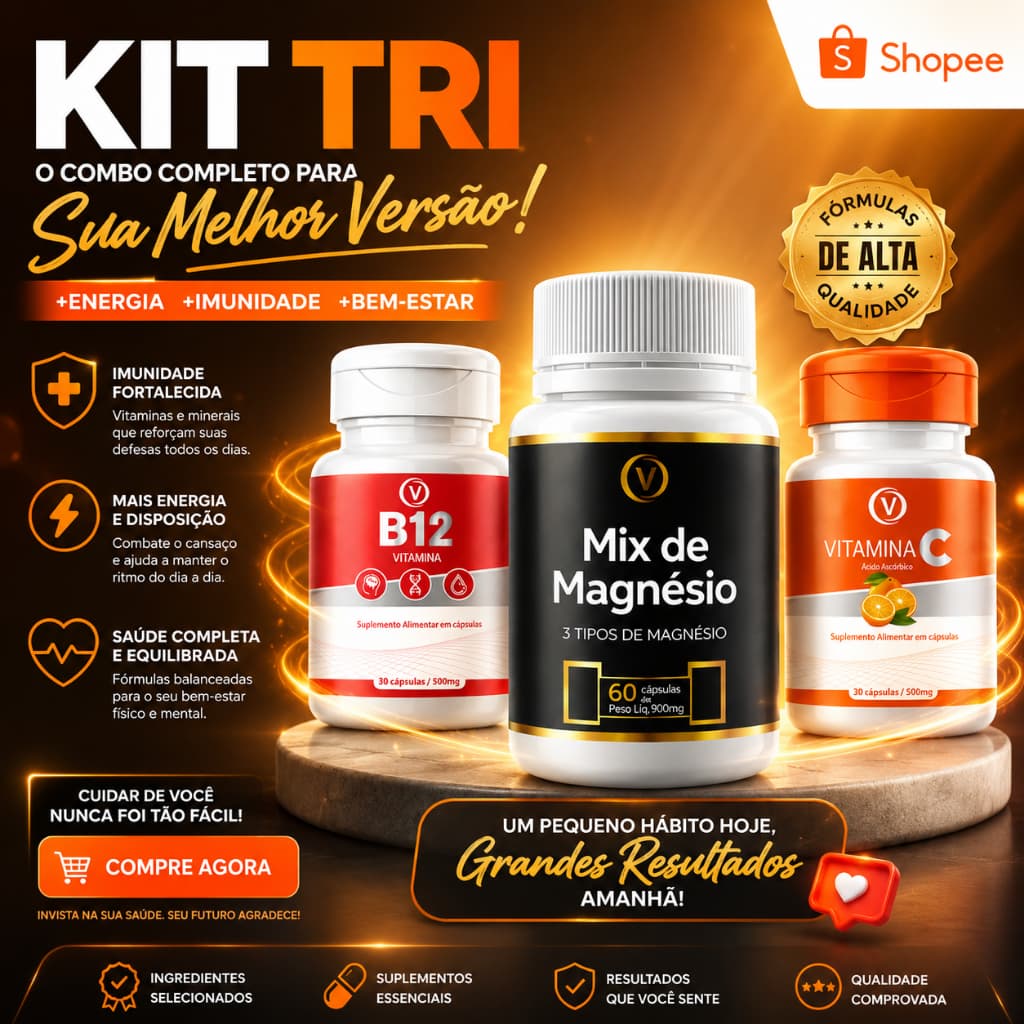KIT TRI - Mix de Magnésio + Vitamina C + Vitamina B12 | Combo para auxiliar no seu BEM ESTAR