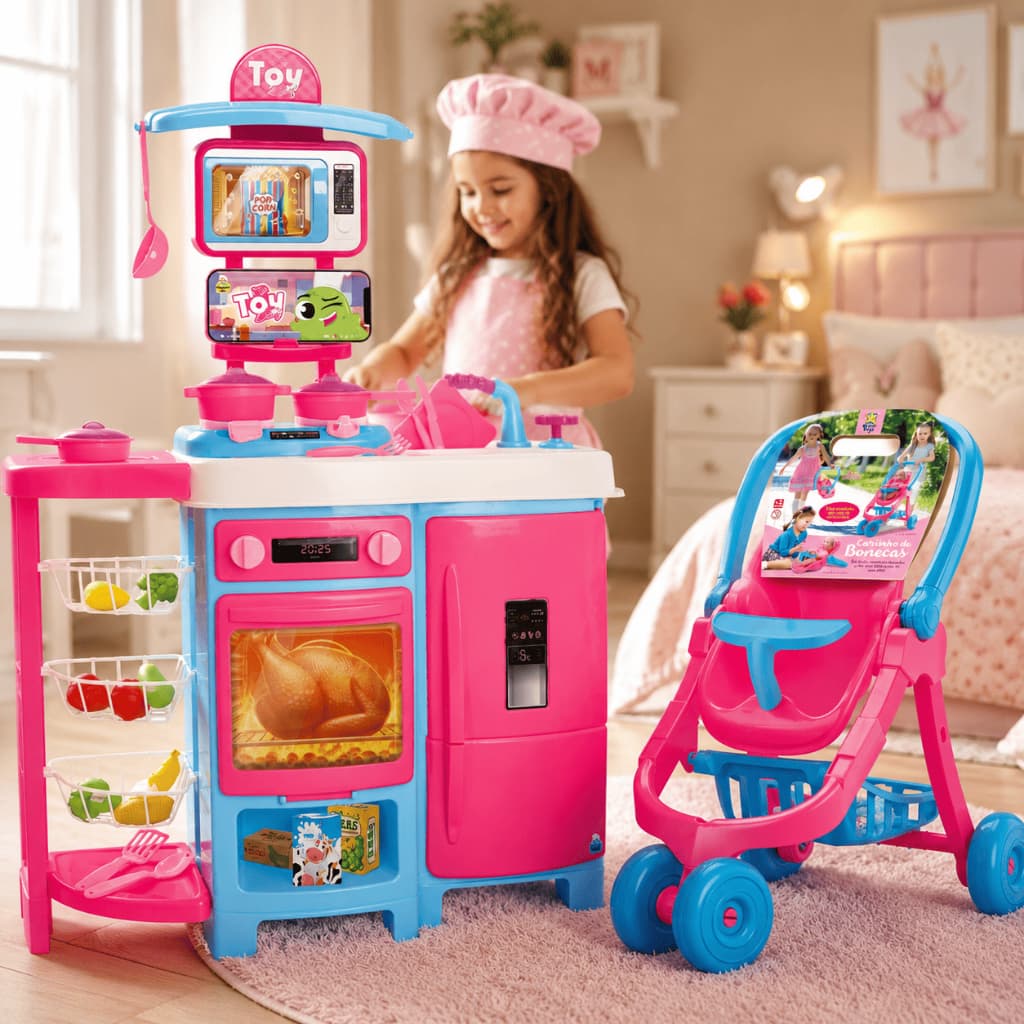 Kit Cozinha Infantil Grande Completa com Carrinho de Boneca Para Bebê Para Menina