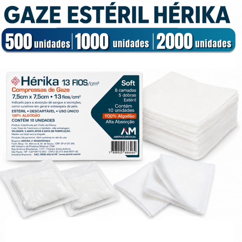 Compressa Gaze Estéril Hidrófila Hérika 13 Fios 7,5cm x 7,5cm - Kit 500un |1000un | 2000un