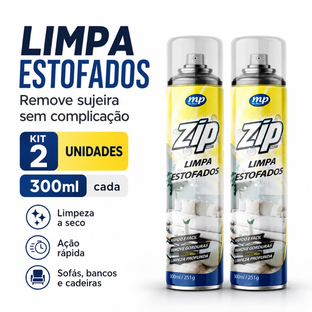 Limpa Estofado Espuma Spray Zip Clean 300ml Seco Sofá Banco Carro Limpeza Profunda kit 2