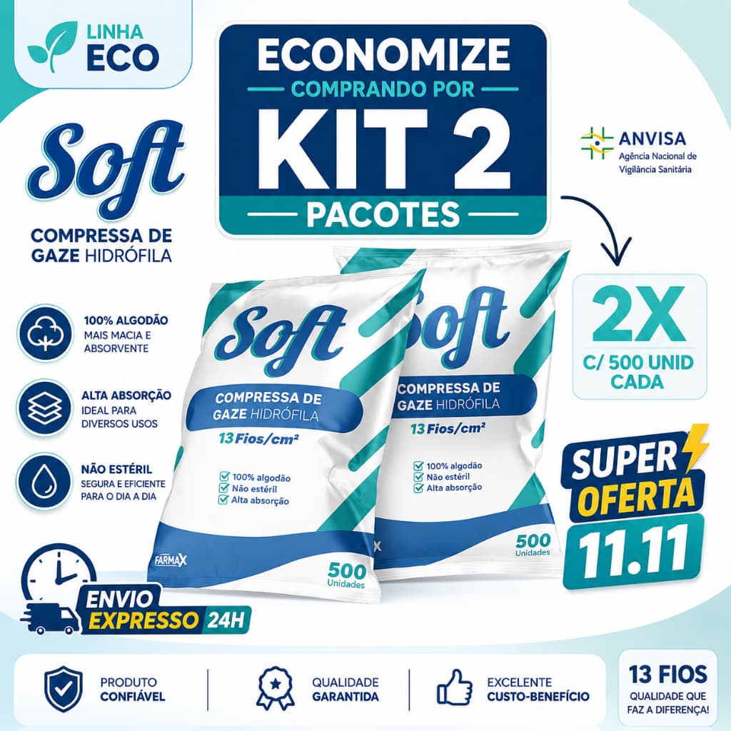 Kit 2 Compressa De Gaze 13 Fios 1000 Unidades Soft Hidrófila Gazes Descartável Anvisa