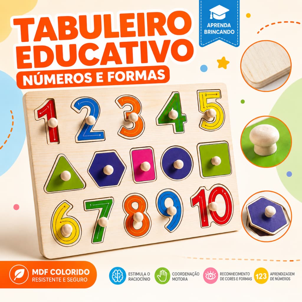 Brinquedo Educativo Infantil Tabuleiro MDF Encaixe Números e Formas Geométricas Pedagógico