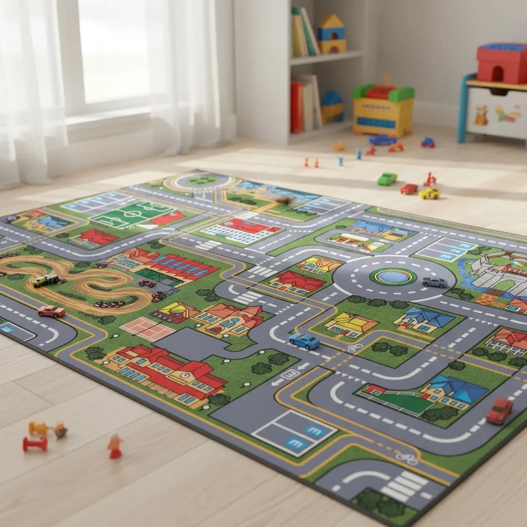 Tapete de Corrida Infantil Emborrachado 150x100cm Criança Grande Pista Carrinho Carros Cidade Lona