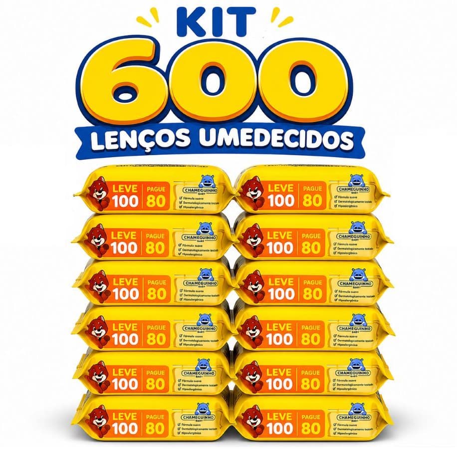 Kit 600 Lenços Umedecidos Chameguinho Baby Toalha Umedecida Bebê Infantil Sem Álcool Higiene Limpeza