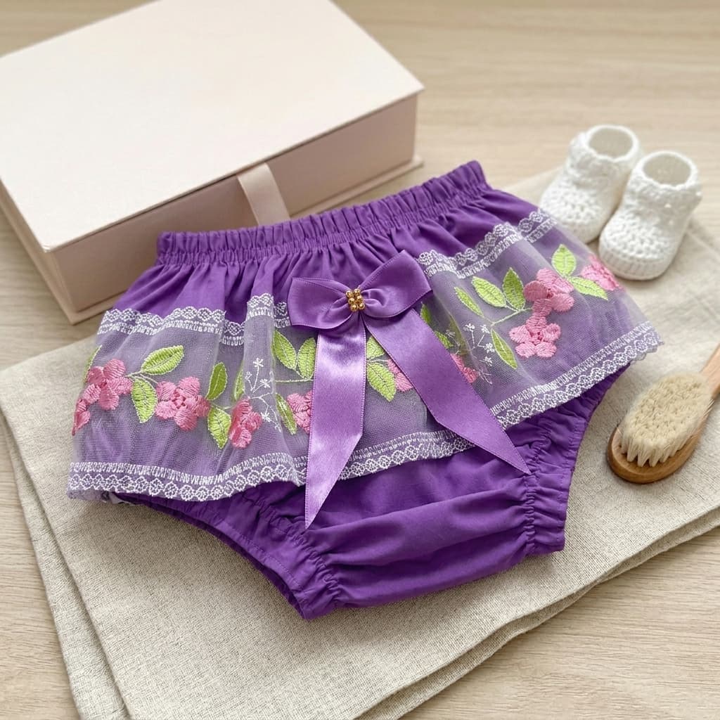 Calcinha Tapa Fralda Bebê Renda Floral Colorida com Laço Acetinado