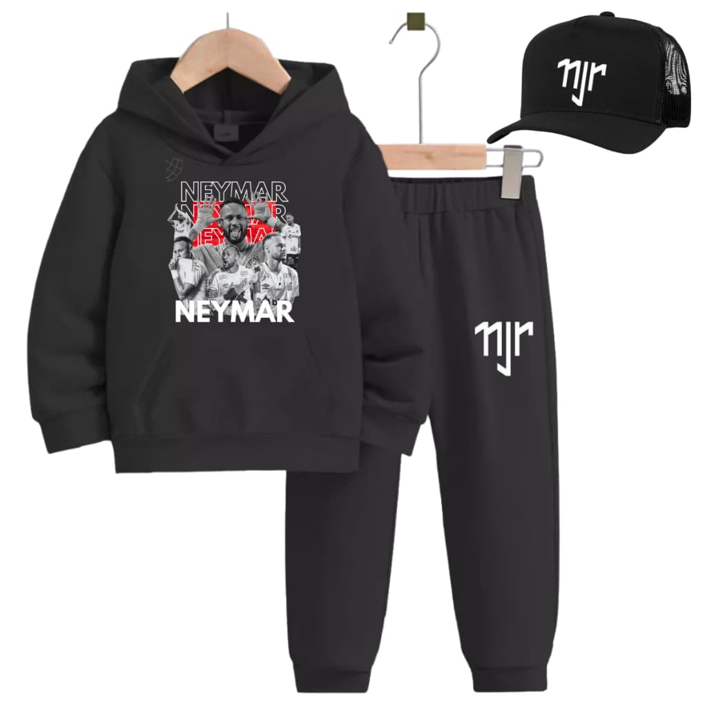 Conjunto Moletom Infantil Neymar Conjunto Inverno Canguru Menino Roupa Quentinha Estilosa 4 ao 16 bone
