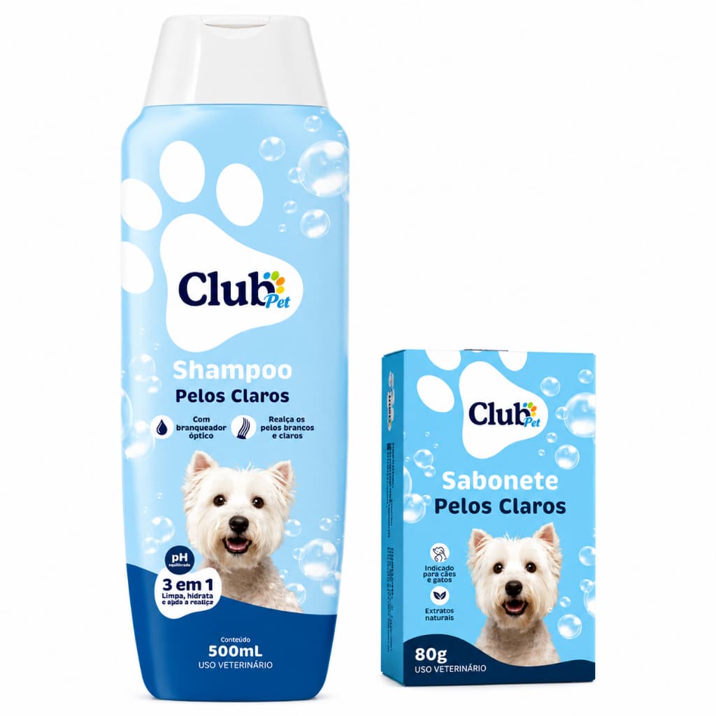 Kit Banho Cachorro Pelos Claros Club Pet Shampoo 500ml + Sabonete 80g Original