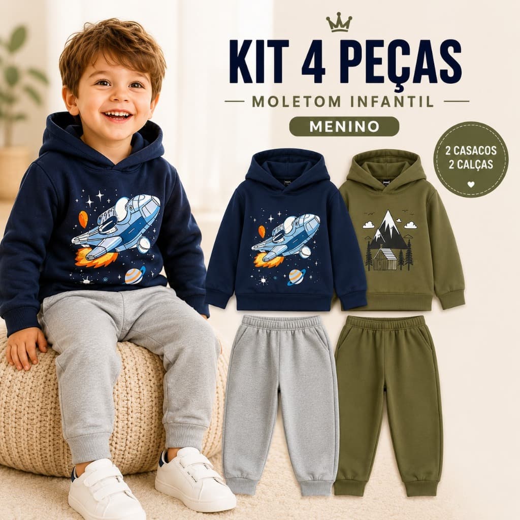 Kit 4 Peças Conjunto Moletom Infantil Menino Inverno Com Capuz Peluciado Quentinho Roupa Frio Casual