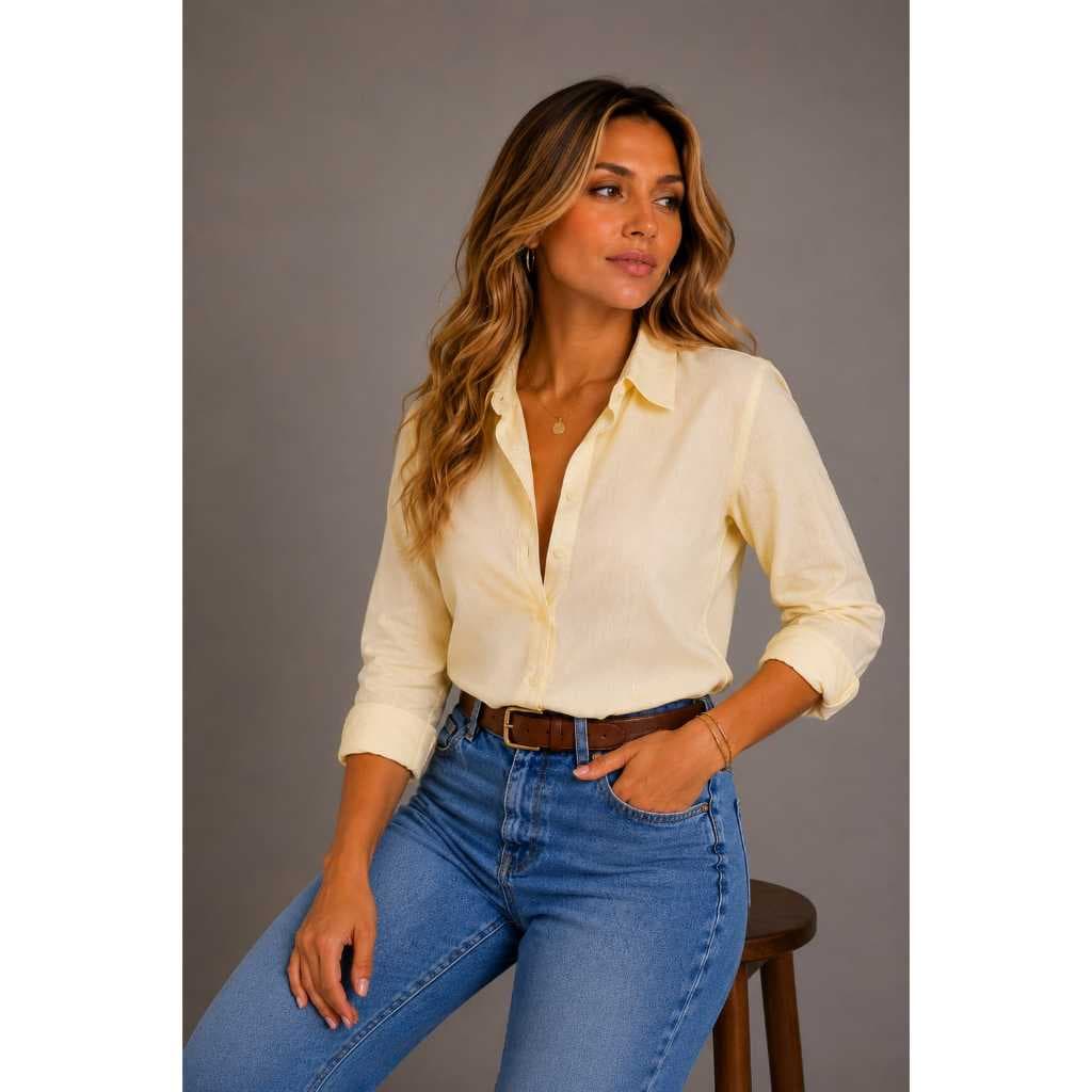 Camisa Feminina Manga Longa Viscolinho Modelo Slim Camisete Social Trabalho Casual Elegante