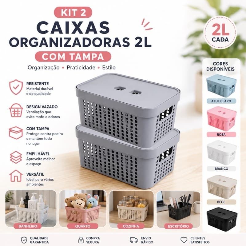 Kit 2 Caixas Organizadoras para cozinha, banheiro e quarto 2 Litros com Tampa Caixa Multiuso Cesto