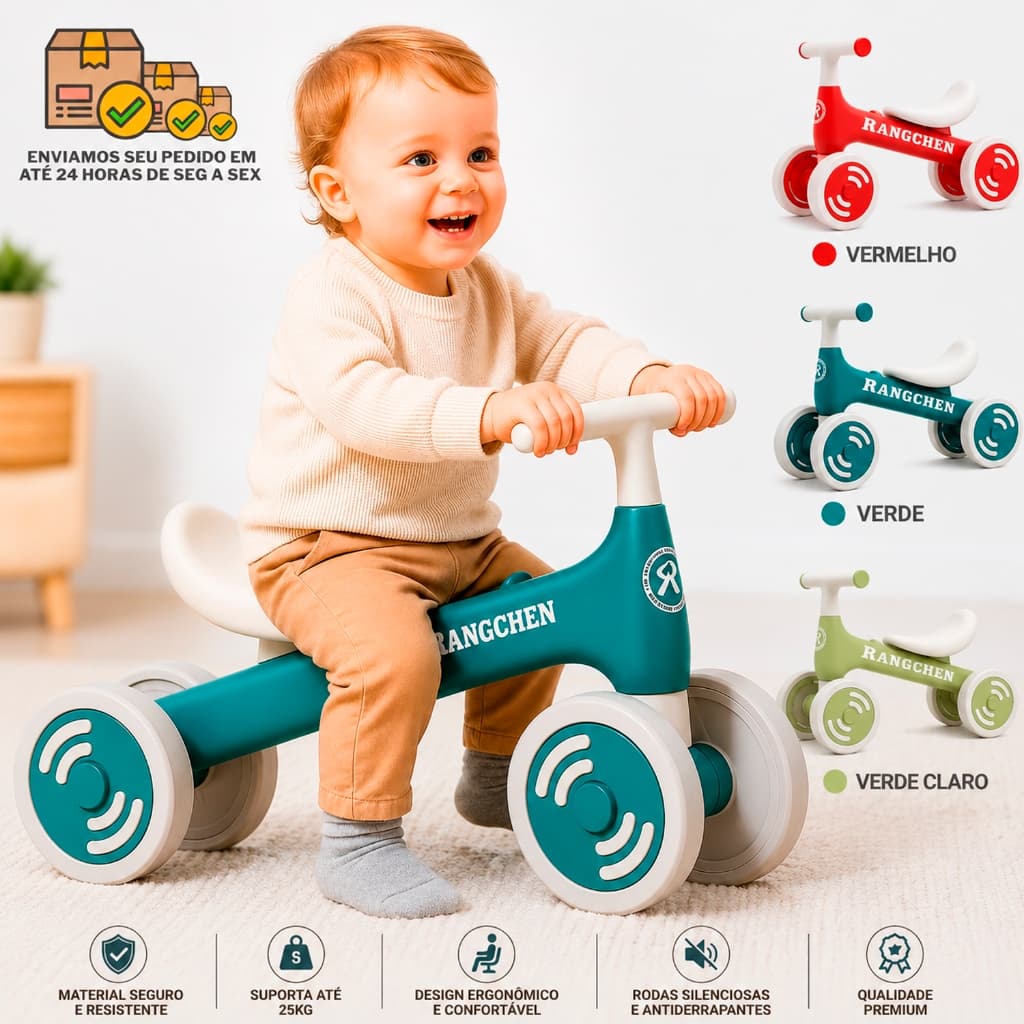 Bicicleta Equilíbrio Infantil Andador Sem Pedal 4 Rodas Bebê Criança