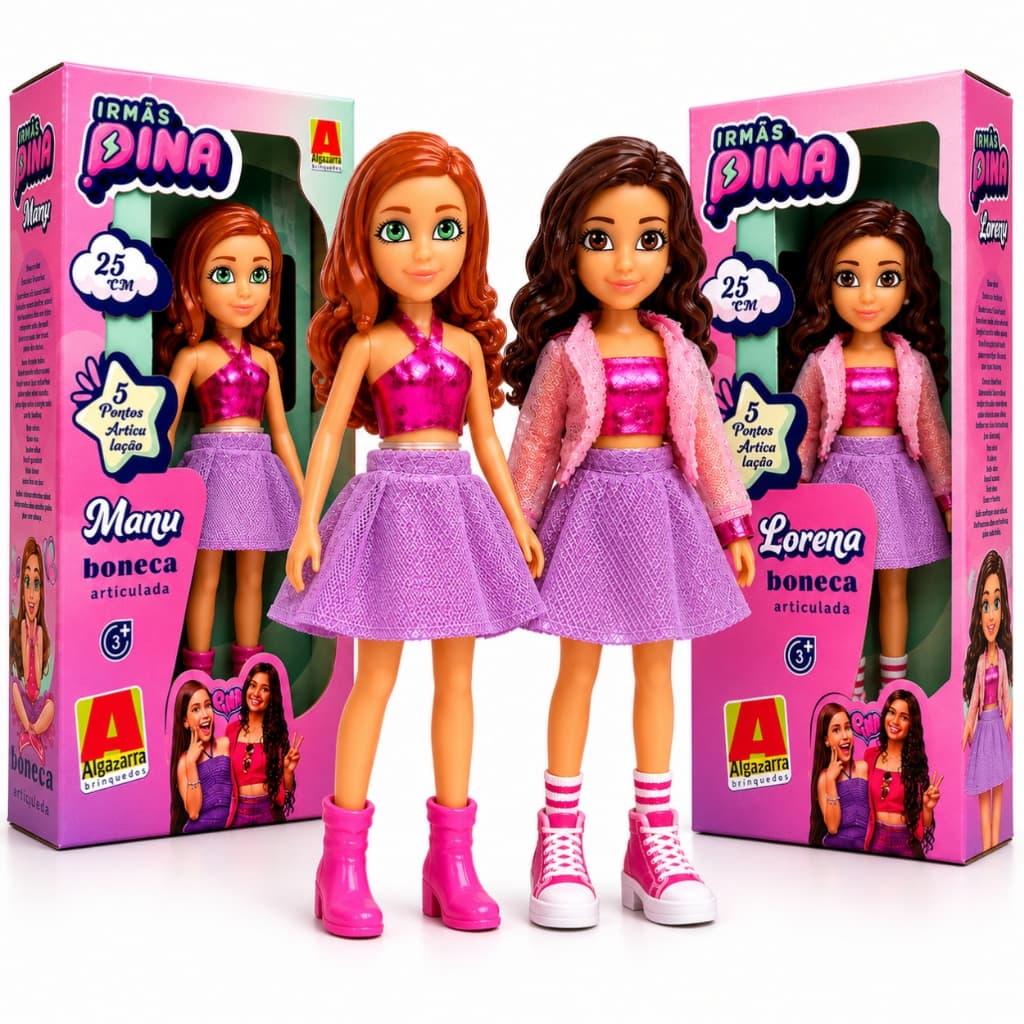 Kit Bonecas Manu + Lorena Irmãs Pina Articulada 25cm Algazarra Youtuber Influencer Menina
