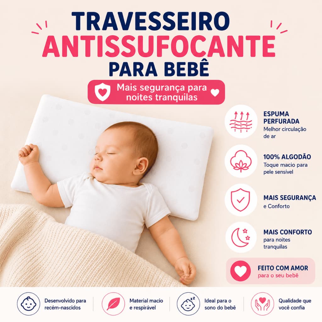 Travesseiro Antissufocante para Bebê com Furos Respirável e Antialérgico-Proteção Contra Sufocamento e Conforto Ideal
